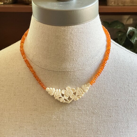 Vintage Carved Celluloid Flower Necklace, Orange Glass Beads, 17" Barrel Clasp - Picture 7 of 7